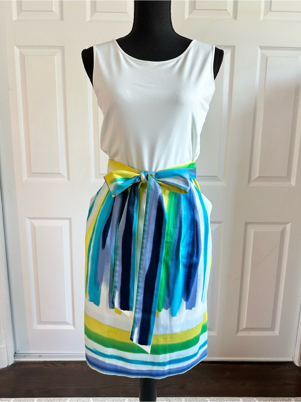 Calvin Klein Bright Blue Yellow Neon Dress with Stretch Top and Tie Waist